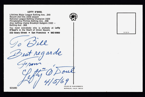 Lefty O'Doul Signed 3.5" X 5.5" Postcard