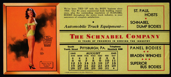 1946 Schnabel Company Cardboard Calender Pin Up 4" x 9" B