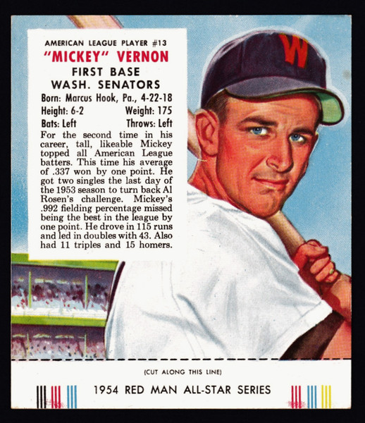 1954 Red Man AL #13 Mickey Vernon With Tab EX-