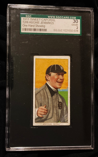 1909-1911 T206 Hughie Jennings One Hand Showing Sweet Caporal Back SGC 2