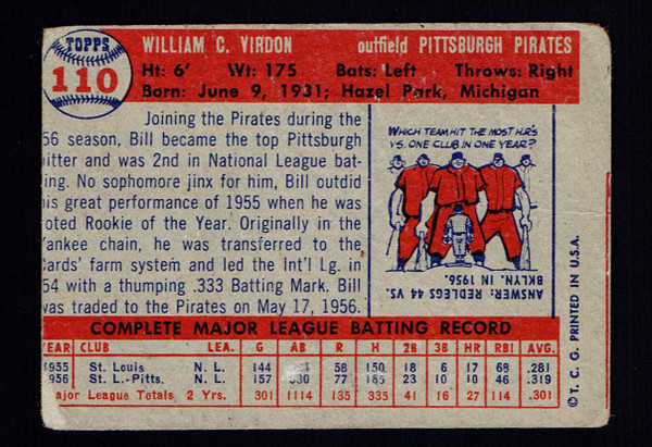 1957 Topps #110 Bill Virdon Poor