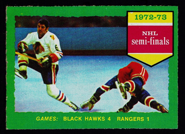 1973 OPC #196 NHL Semi-Finals Rangers Black Hawks EXMT