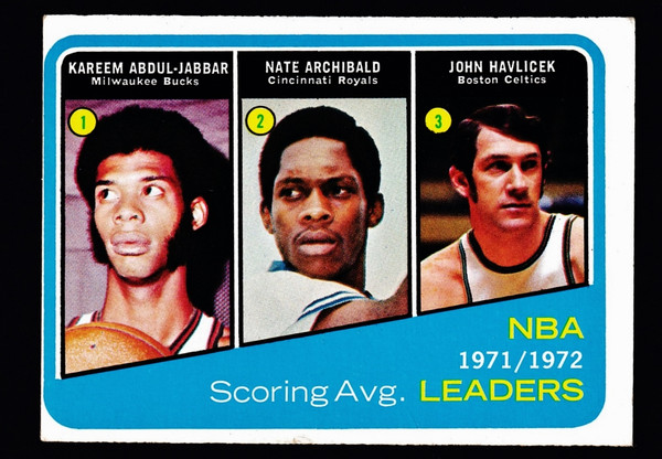 1972 Topps #172 NBA Scoring Average Leaders Abdul-Jabbar Havlicek Archibald Fair