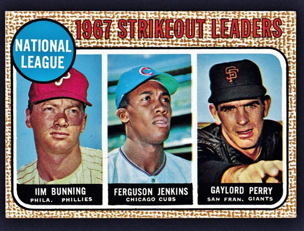 1968 Topps #011 NL Strikeout Leaders Bunning Jenkins Perry EX+