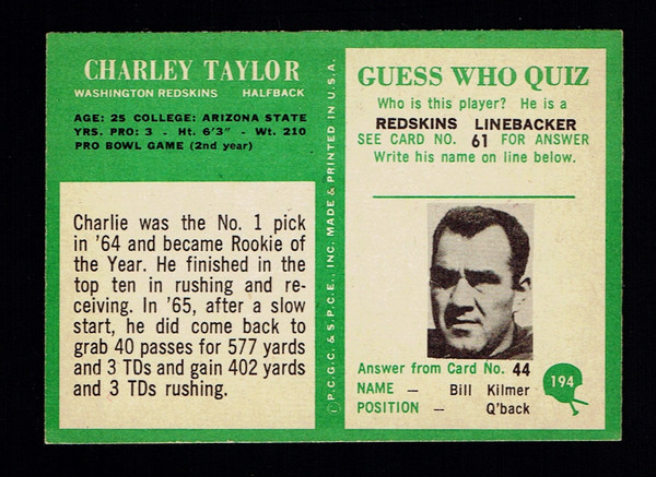 1966 Philadelphia #194 Charley Taylor EX