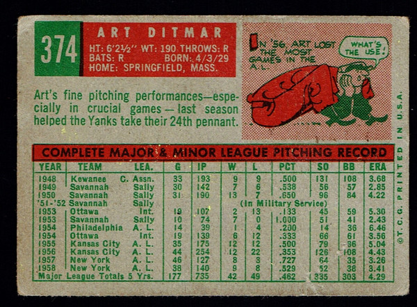 1959 Topps #374 Art Ditmar Poor