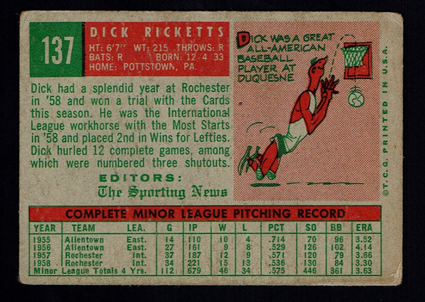 1959 Topps #137 Dick Ricketts RC GD