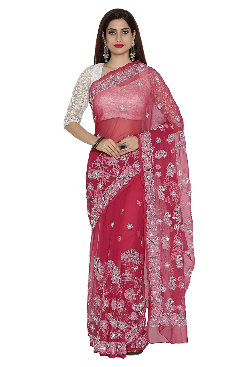 Red Party Wear Indian Ethnic Designer Georgette Lucknowi Work Saree, 6 m  (with blouse piece) at Rs 6700 in Indore