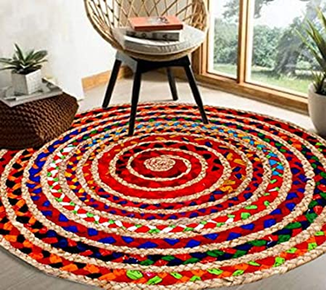 DecorJute & Cotton Rug Carpet, Multi Jute Chindi Braid Rug, Hand