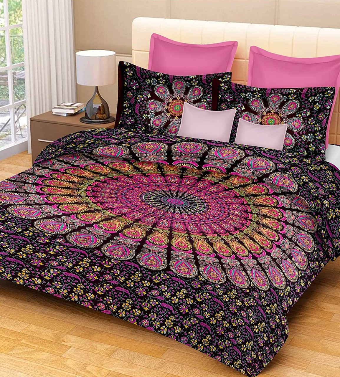 PURE COMFORT 100% Cotton Double Bedsheet Floral in Multi Colour Printed  Design-King Size