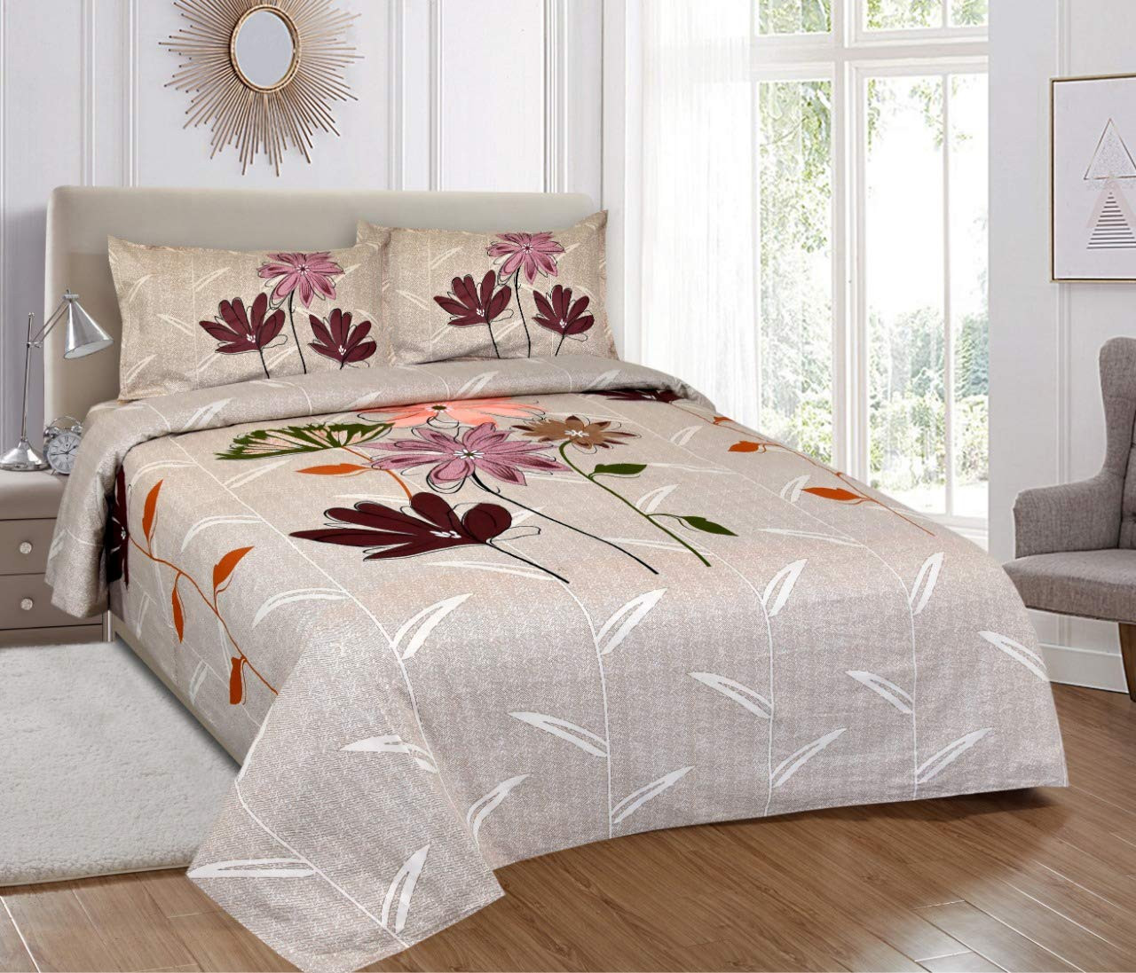 PURE COMFORT 100% Cotton King Size Bedsheet with 2 Pillow Covers