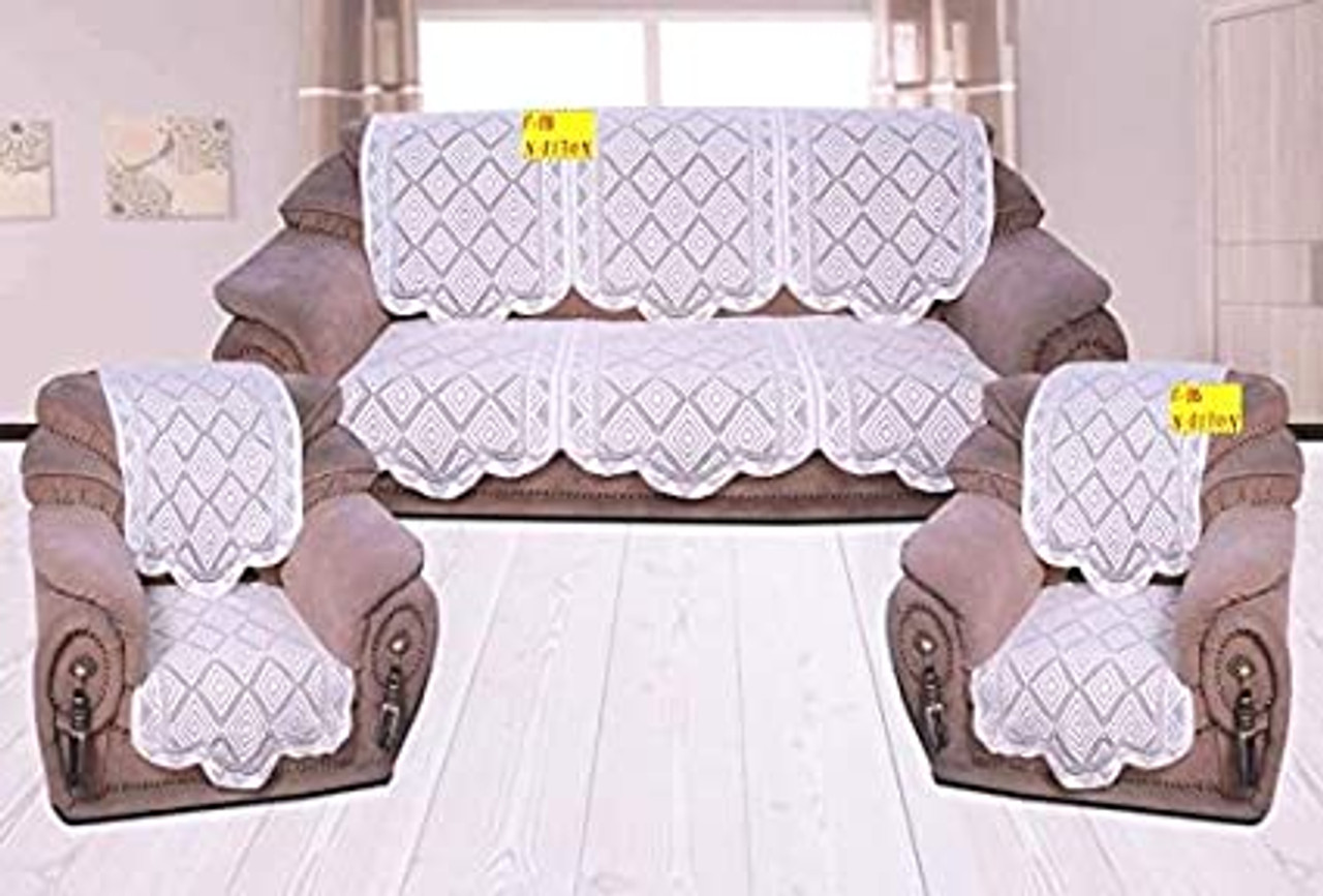 Fab Nation 10 Sofa Panels for 5 Seater Sofa (3+1+1 Seater or 3+2 Seater Sofa  Cover) - Exclusive Designer Lace Net Lace Sofa Covers Set (White,Polyster)