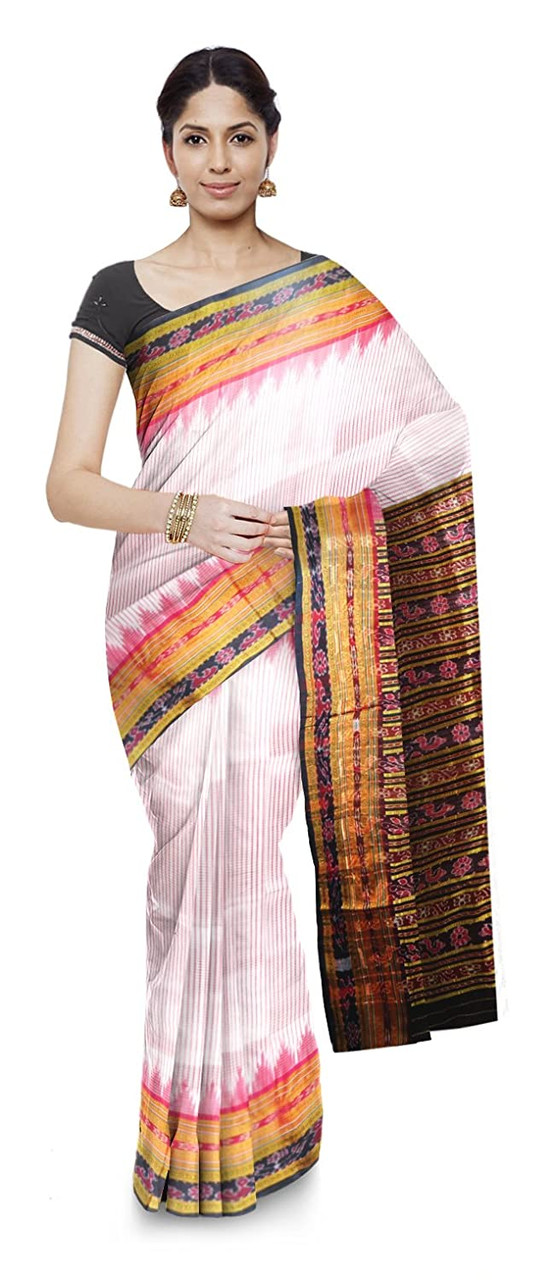 Tribal art and marriage theme body stripes Ikat Silk Saree with blouse  piece online | Handloom Sarees