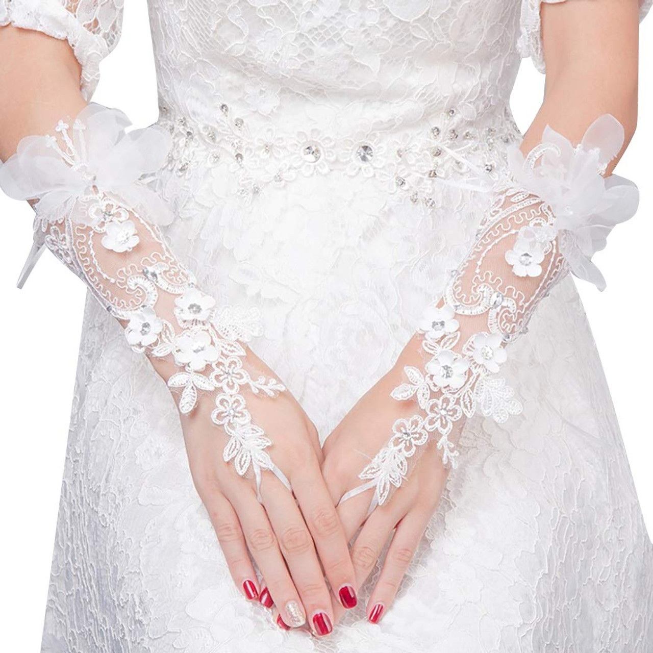 Amazon.com: Acenail Satin Long Women's Wedding Gloves Ivory Fingerless Lace Bridal  Gloves Crystal Bow Flower Gloves for Bride Rhinestone Wedding Accessory :  Clothing, Shoes & Jewelry