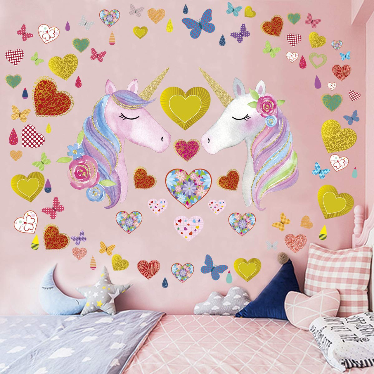 Unicorn Wall Decals,Unicorn Wall Sticker Decor with Heart Flower Birthday  Christmas Gifts for Boys Girls