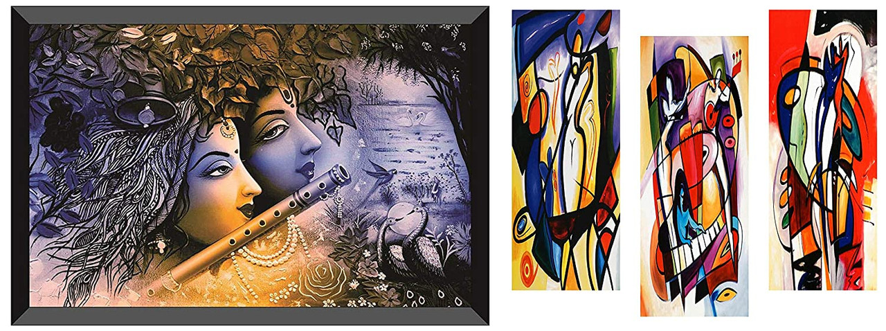 Big Multiple Frames, Beautiful Radha Krishna Modern Art wall painting with  frame, Wooden Framed Digital Painting (