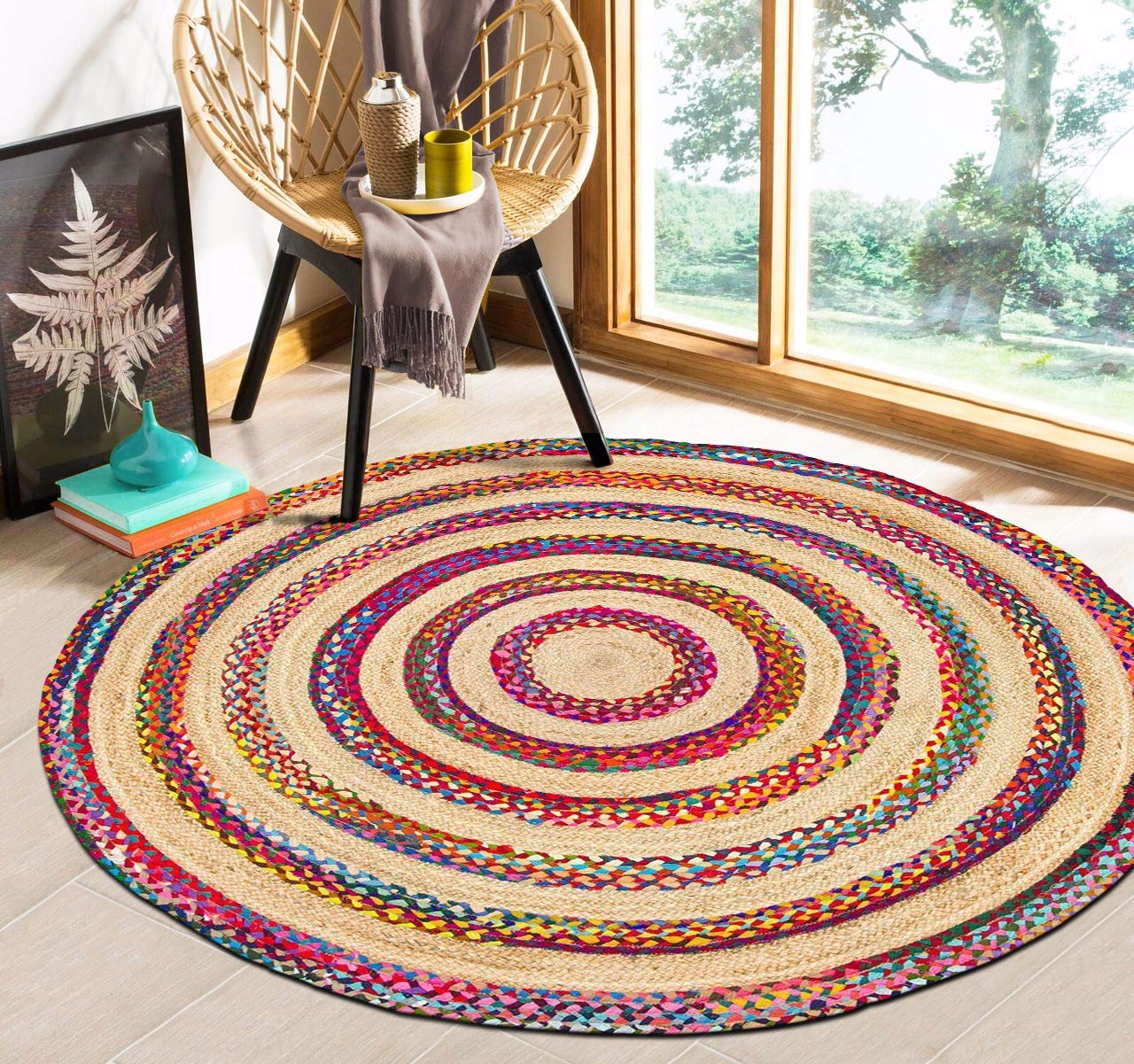 The Home Talk Jute and Cotton Braided Floor Rug, Boho Design (4 Feet Round)