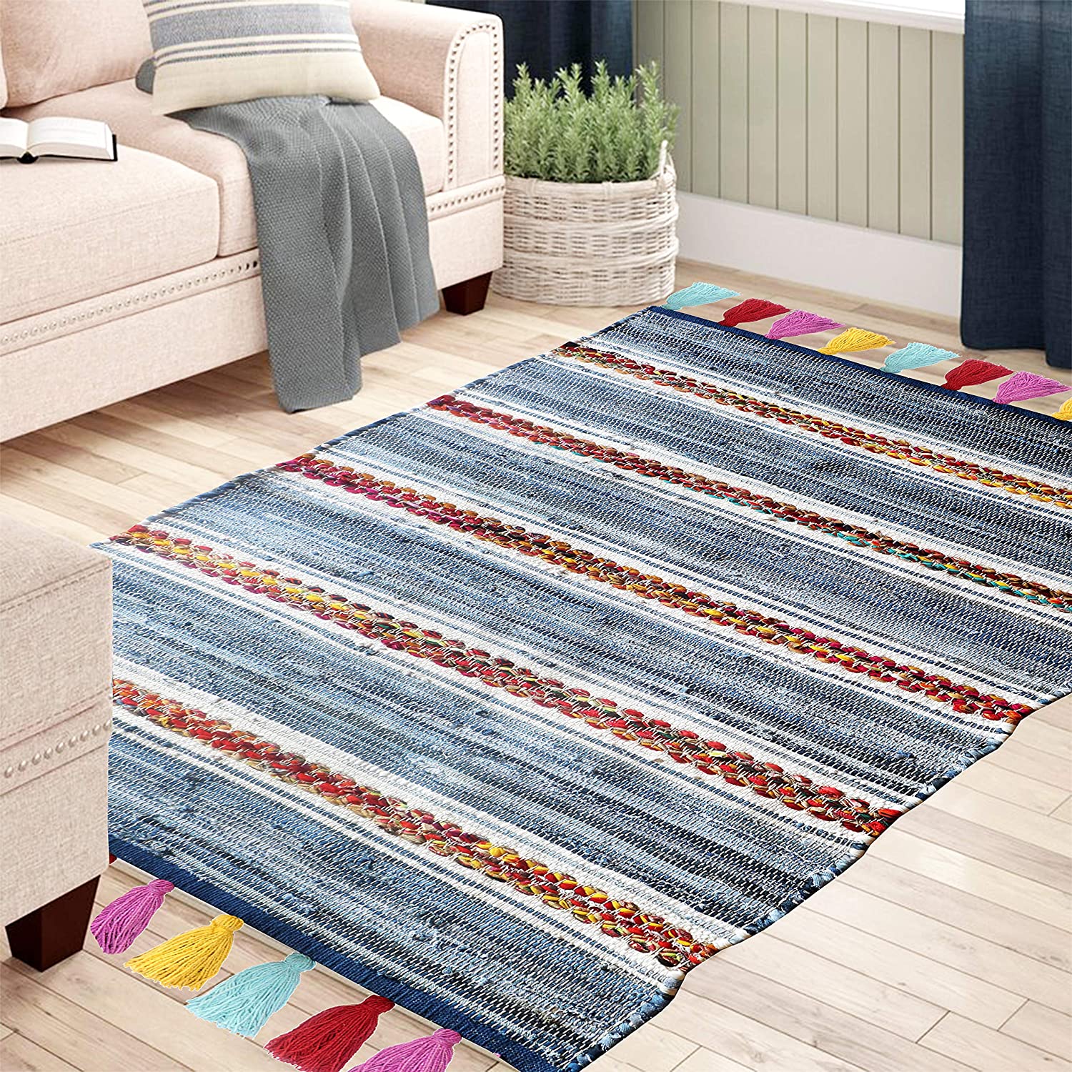 Unique Loom Chindi Cotton Sally Denim blue 5 ft. 1 in. x 8 ft. Area Rug  3186246 - The Home Depot