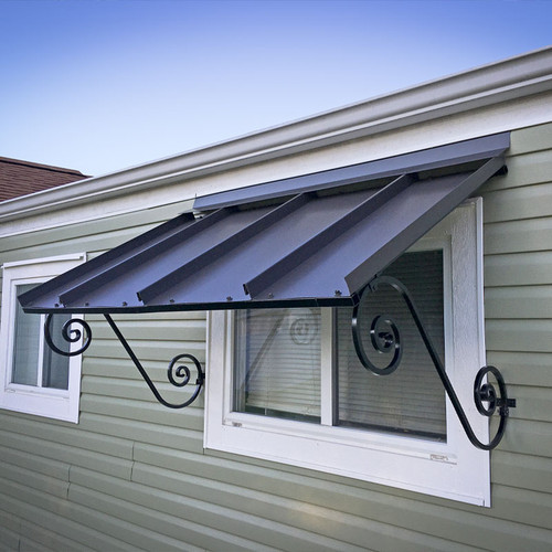 Rustic metal awning featuring standing seam panels and intricate scroll support arms, adding timeless charm and character to any outdoor space.