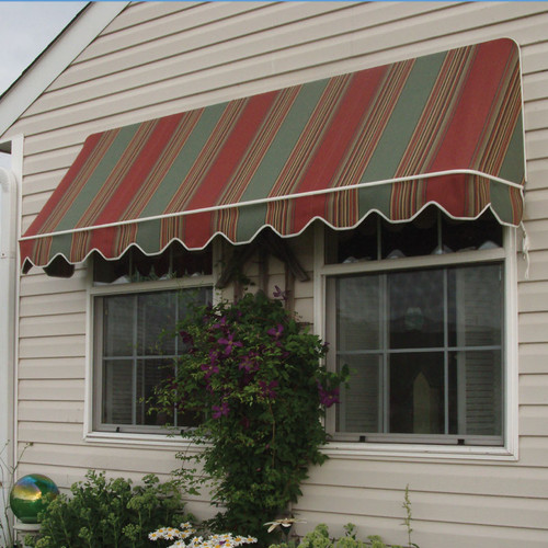 A sturdy fabric awning attached to the exterior of a residential home, providing shade over a window.