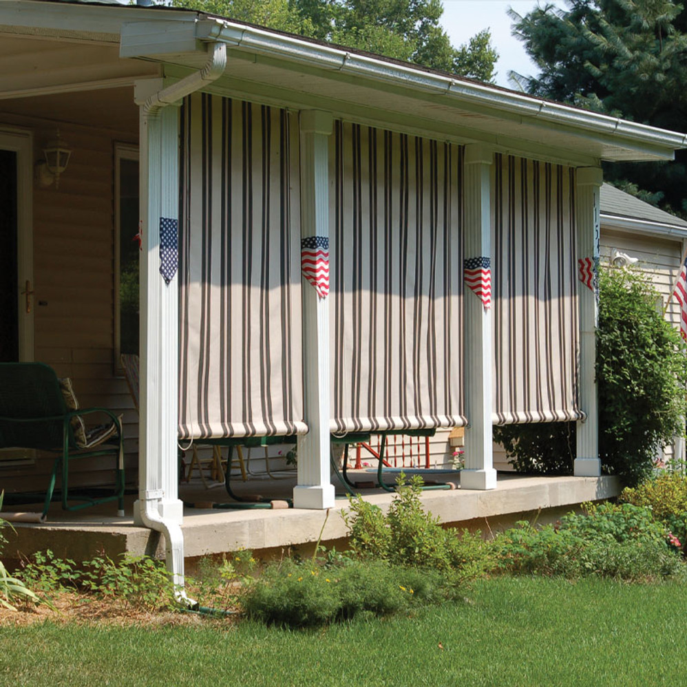 Roll-up fabric curtain for porch or patio, providing customizable shade and privacy solutions for outdoor living spaces.