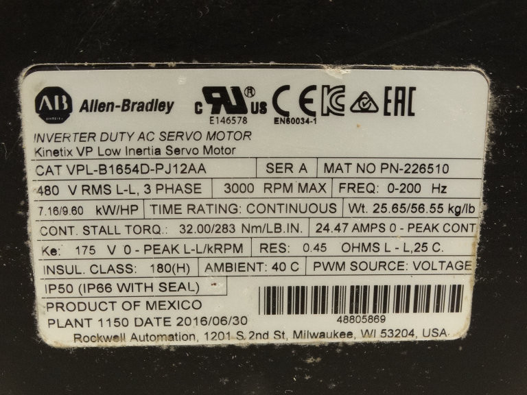 Allen Bradley VPL-B1654D-PJ12AA Series A Servo Motor