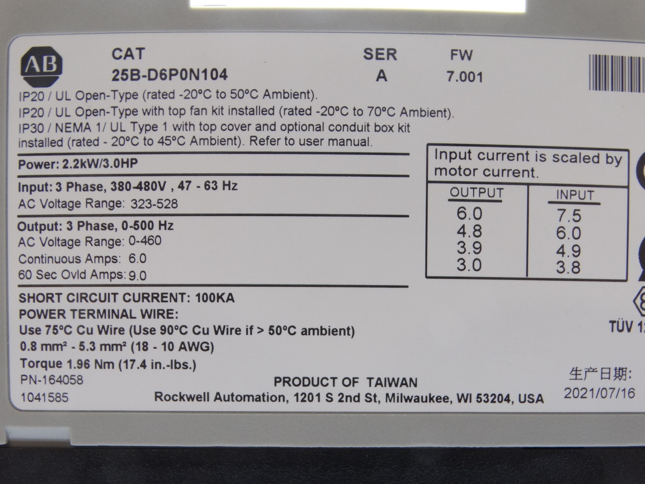 大和ページ Allen Bradley 25B-D6P0N104 Series A Drive
