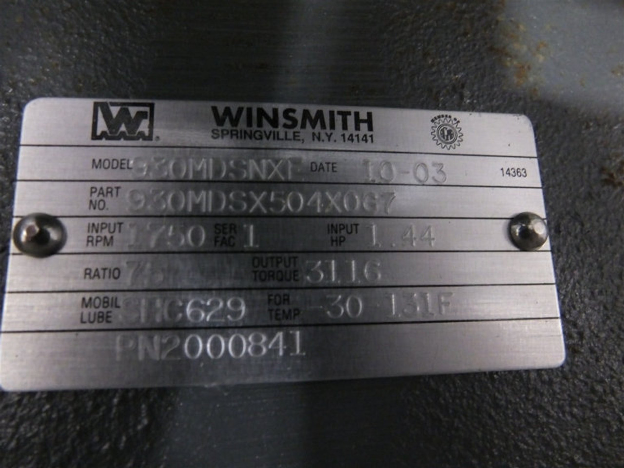 Winsmith 930MDSNXE Speed Reducer 1750RPM 1.44HP Ratio:75