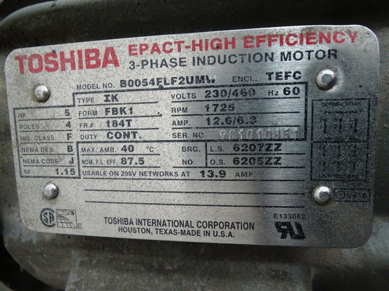 Toshiba B0054FLF2UMW Motor 5HP 1725RPM 3PH 230/460VAC 12.6/6.3A 60Hz