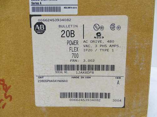 ALLEN-BRADLEY 20BD5P0A0AYNANA0 SER A POWERFLEX 700 AC DRIVE (RP008 - NEW)