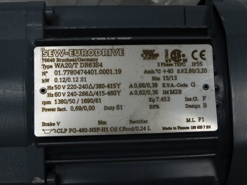 Moteur De Transmission Sew Eurodrive WA20 DR63S4 0,12 KW - Occasion, Fonctionnel, Marques D'usure