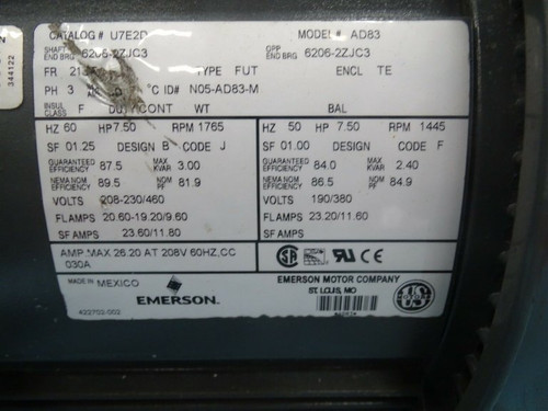 Emerson AD83 Electric Motor, 50-60Hz, 7.5HP, 1445-1765RPM, 190-230/380-460V