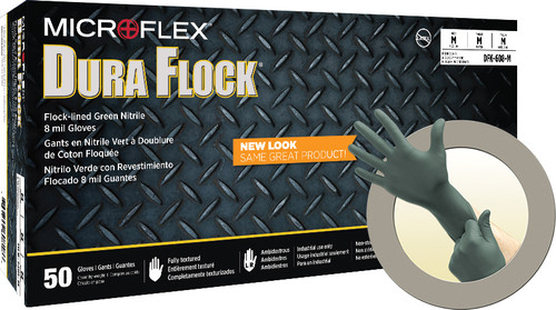 PG303 - DURA FLOCK® DFK-608,SU,INDL GRD.,FLK.LND,FULL TXT, BD CUFF, PF,DK GRN,SZ L