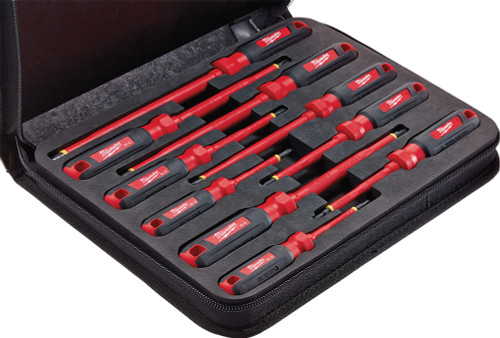 PG135 - 10-PC 1000V INSULATED SCREWDRIVER SET - SLOTTED: 1/4", 5/16", 3/8"; PHILLIPS: #1, #2, #3; ECX: #1; SQUARE: #1, #2, #3