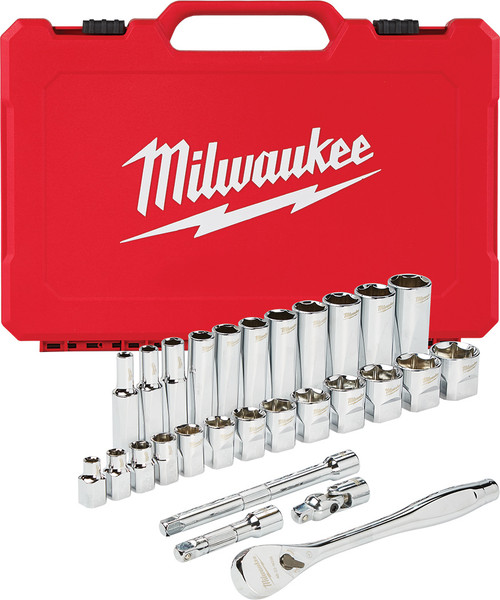 PG - 28-PC PRISE 3/8" CLIQUET & JEU DE DOUILLES - SAE (STANDARD 1/4 »-1 », PROFOND 1/4 »-7/8 »)