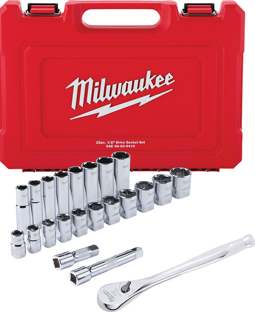 PI - 22 PC PRISE 1/2" SAE CLIQUET ET UN ENSEMBLE DE DOUILLES AVEC QUATRE CÔTÉS PLATS™ (STANDARD 1/2 »-1-1/8 », PROFOND 1/2 »-15/16 »)