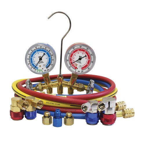 Dual R134A/R1234YF Brass Manifold, 2 1/2" gauges, 3-60" R134A Standard Hoses