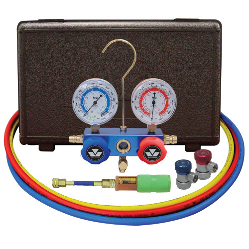PG399 - AUTOMOTIVE R134A 2-WAY MANIFOLD GAUGE SET WITH MINI DYE INJECTOR AND MANUAL COUPLERS