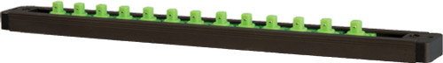 PG215 - 1/4" DR. 1-ROW LOCK-A-SOCKET RAIL, HOLDS 13 SOCKETS, MATTE BLACK W/GREEN POSTS