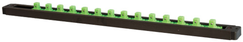 PG215 - 3/8" DR. 1-ROW LOCK-A-SOCKET RAIL, HOLDS 14 SOCKETS, MATTE BLACK W/GREEN POSTS