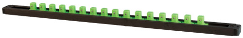 PG220 - 1/2" DR. 1-ROW LOCK-A-SOCKET RAIL, HOLDS 16 SOCKETS, MATTE BLACK W/GREEN POSTS