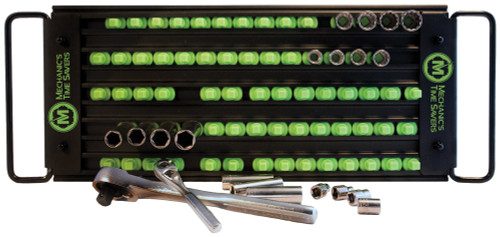 PG215 - 1/4", 3/8", 1/2", 5-ROW LOCK-A-SOCKET TRAY, 76 POSTS, MATTE BLACK W/GREEN POSTS