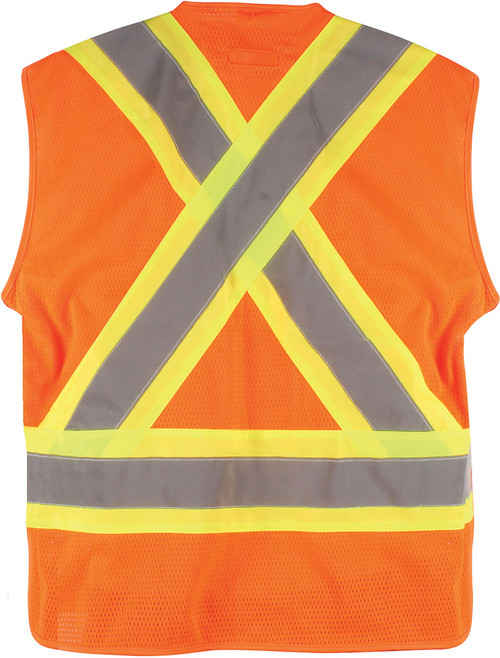 CSA APPR. GILET DE CIRCULATION EN MAILLE, HI-VIS ORANGE, 4" DE LARGE 360 ° HRZ. RAYURES, 2 VRT. RAYURES, X À L’ARRIÈRE - 2XL / 3XL