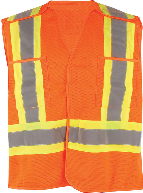 CSA APPR. MESH TRAFFIC VEST, HI-VIS ORANGE, 4" WIDE 360° HRZ. STRIPES, 2 VRT. STRIPES, X IN BACK – 4XL/5XL