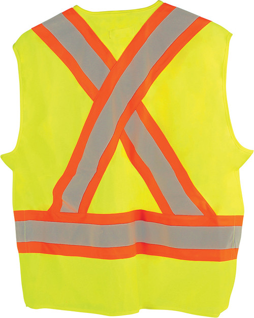 CSA APPR. POLYEST. TRAFFIC VEST, HI-VIS YELLOW-GREEN, 4" WIDE 360° HRZ. STRIPES, 2 VRT. STRIPES, X IN BACK – 4XL/5XL