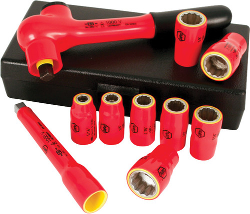 PG135 - JEU DE DOUILLES MÉTRIQUES ISOLÉES DE 10 PIÈCES 3/8 » DE DR., DOUILLES 8MM-19MM, RÉVERSIBLE 3/8 » CLIQUET, ALLONGE 5", CERTIFIÉE À 1000VAC/1500VDC