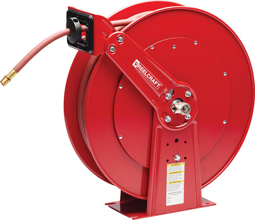 PG108 - 1/2" X 100 FT. ULTIMATE DUTY, DUAL PEDESTAL, SPRING RETRACTABLE AIR/WATER HOSE REEL, 300 PSI, 1/2" NPTM HOSE END, 1/2" NPTF INLET/OUTLET