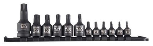 PG144 - 12-PC 1/4 », 3/8 », & PRISE 1/2" JEU DE DOUILLES D’IMPACT TORX® SUR RAIL, T10-T60