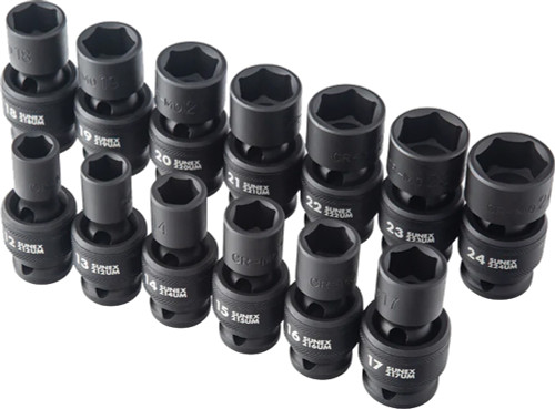 PG137 - 13-PC PRISE 1/2" ENSEMBLE DE DOUILLES D’IMPACT UNIVERSELLES STANDARD DE 6 PTS, 12 MM-24 MM