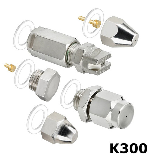 Nozzle Assortment Kit contains one each P302-B Coarse, P302-C Extra Fine, P305 Fine, P501 Flat Spray, P602 Adjustable